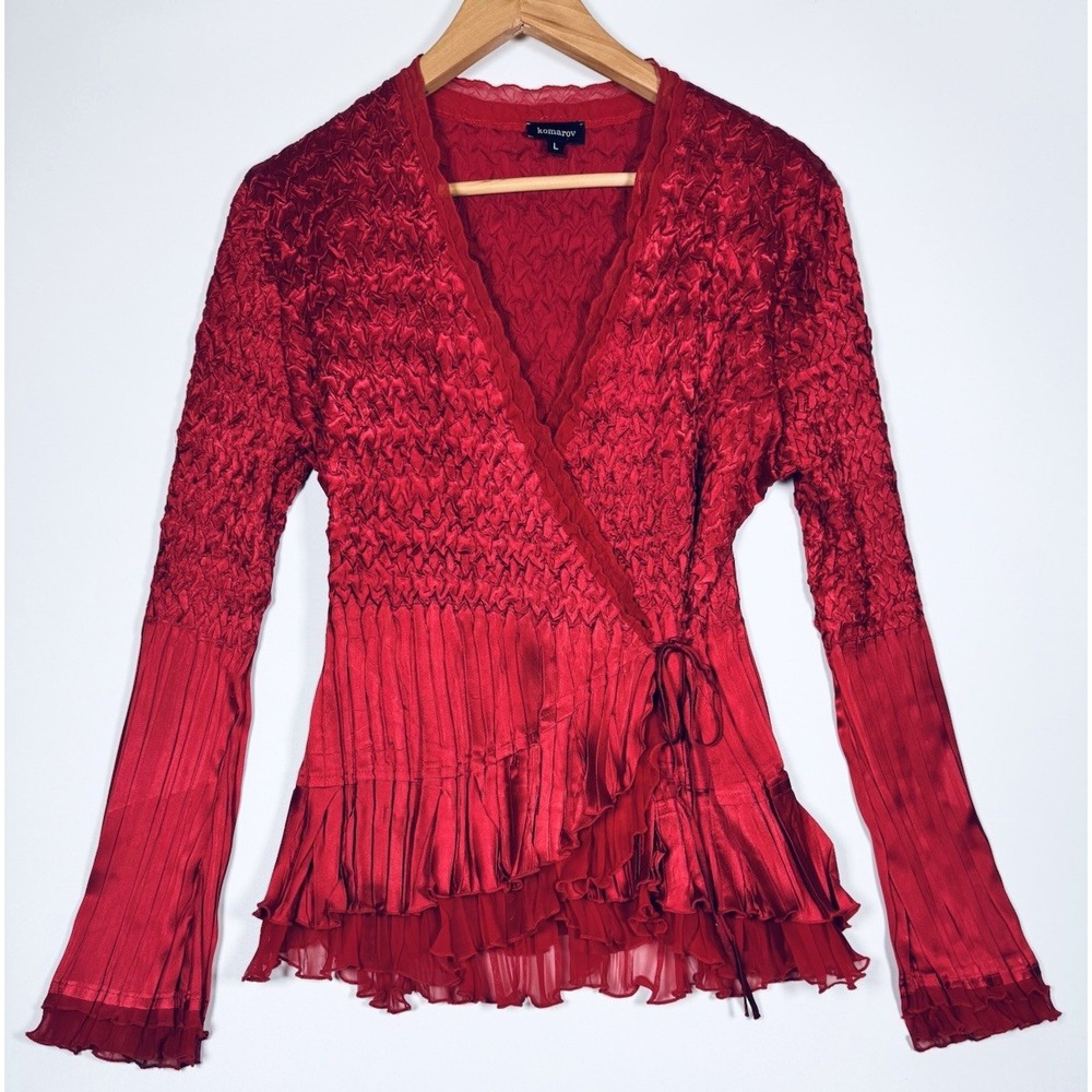 Komarov Scarlet Red Wrap Front Top Large Crinkle Pleated Ruffle Fairycore Boho